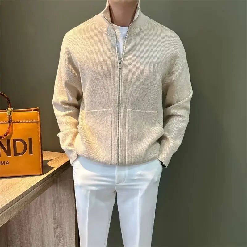 Men's Slim Fit Zip-Up Stand Collar Knit Cardigan Sweater