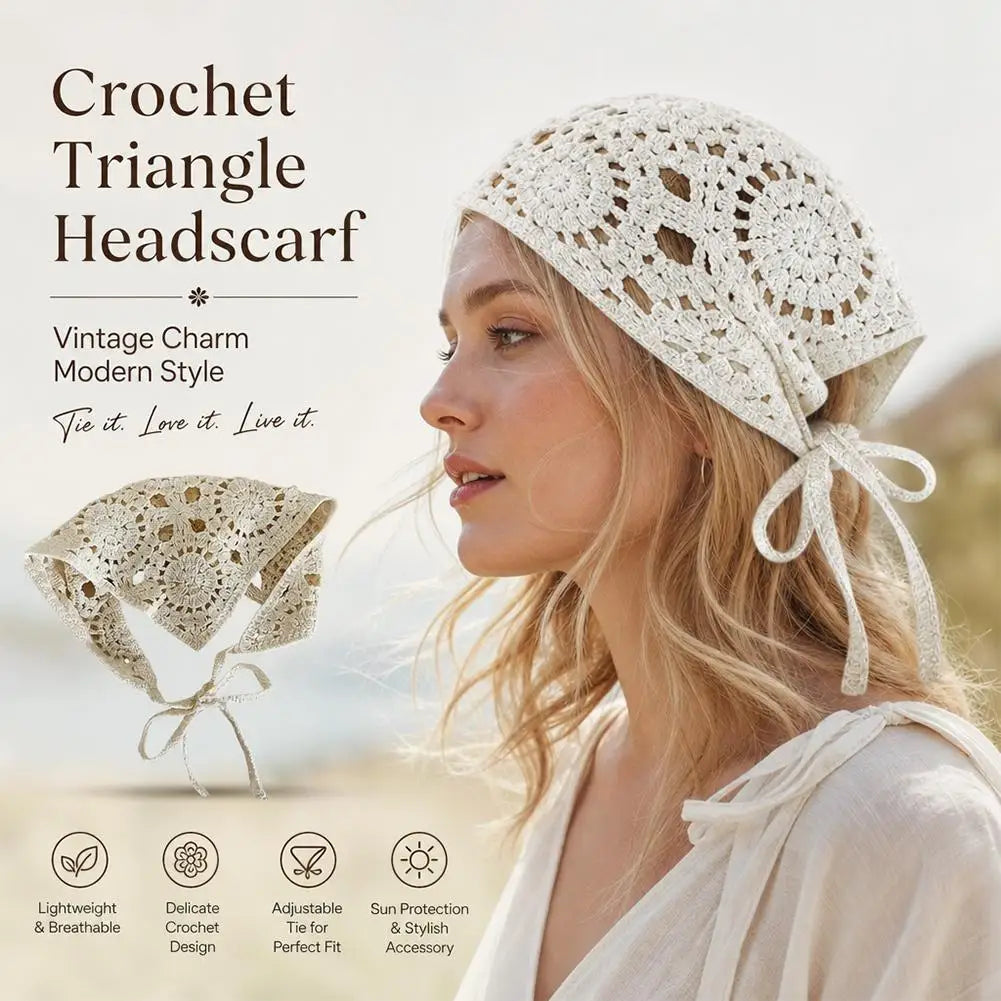 French Hollow Triangle Headband Towel For Women Beige Crochet Headbands Bandana Summer Travel Literary Photo Hair Scarf Bands Peaceful Pleasures Health and Wellness