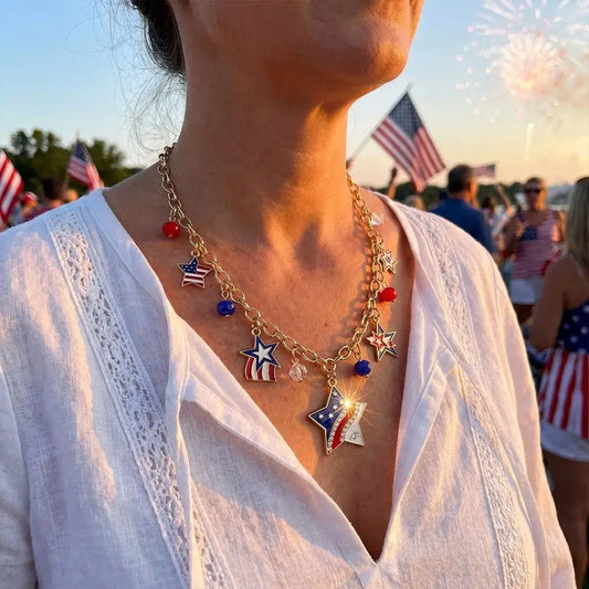 Patriotic Beaded US Flag Pendant Necklace | Gold Chain Gift Pendant Necklace Peaceful Pleasures Health and Wellness