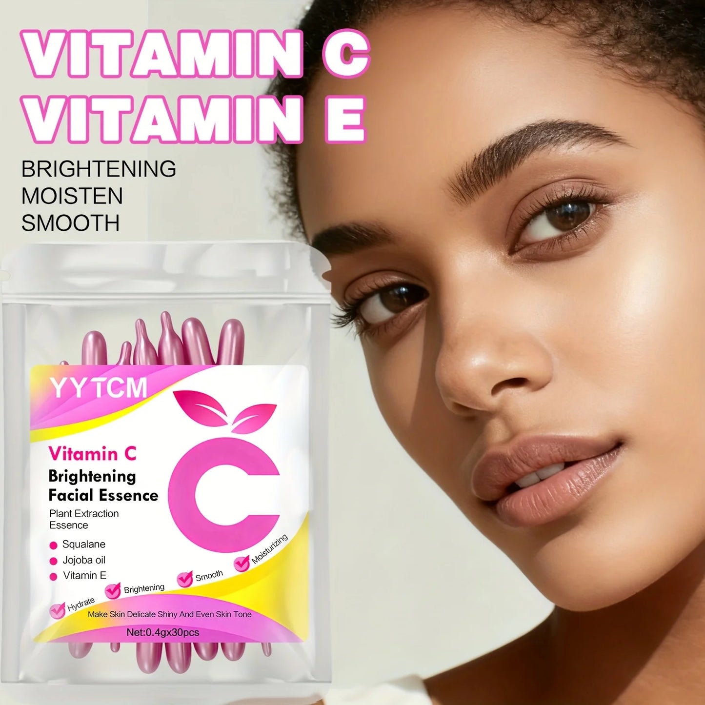 Vitamin C Skin-Brightening and Moisturizing Capsule Essence, Hydrates and Smooths the Skin, Contains Plant-Based Squalane, Vitamin E, Magnolia Oil, and Jojoba Seed Oil for Deep Hydration and Skin Brightening Essence (0.4Gx30 Peaceful Pleasures Health and Wellness