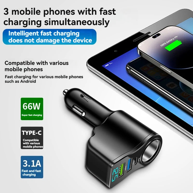 4-in-1 66W USB-C Car Charger with Digital Display & Splitter