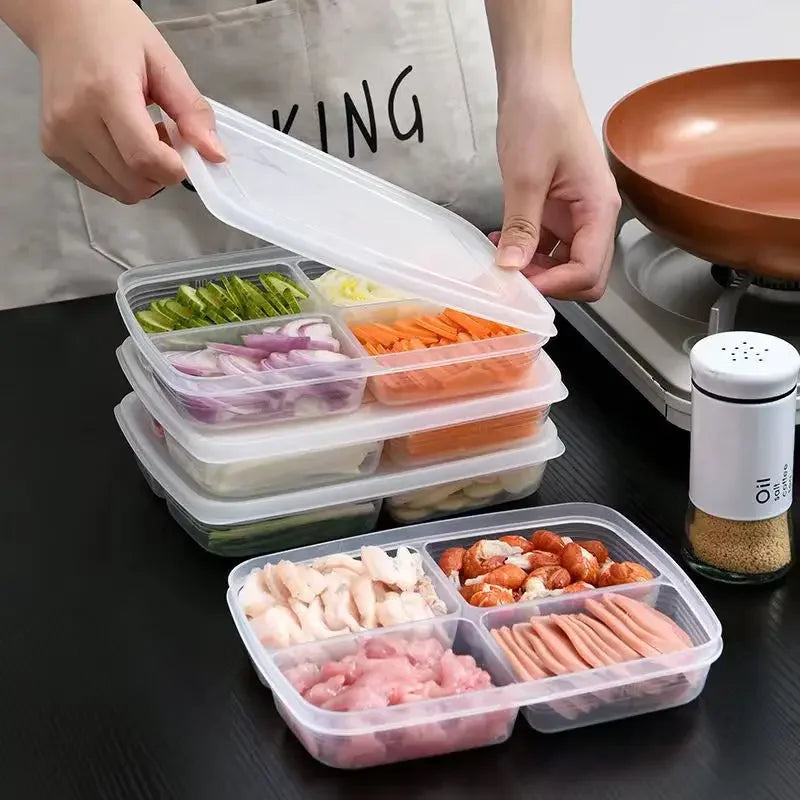 Refrigerator Storage Box Packed Meal Crisper Food Grade Sealed Food Frozen Meat Four-Compartment Refrigerated Storage Peaceful Pleasures Health and Wellness