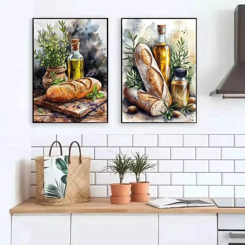 Watercolor Wine Cheese Olive Oil Kitchen Food Painting Rustic Artwork Aesthetic Canvas Poster Wall Pictures Home Farmhouse Decor Peaceful Pleasures Health and Wellness