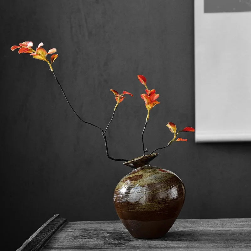 Black Terracotta Vase Imitation Stone Abstract Flower Arranger Table Top Vintage Ornament Living Room Flower Vase Japanese Style Peaceful Pleasures Health and Wellness