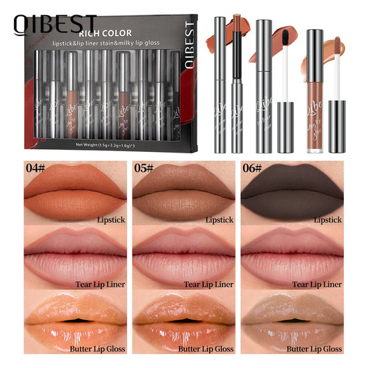 QIBEST 9pcs Lip Makeup Sets Include Lipstick+Tear Lip Liner+Butter Lip Gloss Nude Velvet Lip Glaze Tint Lasting Makeup Kits Peaceful Pleasures Health and Wellness