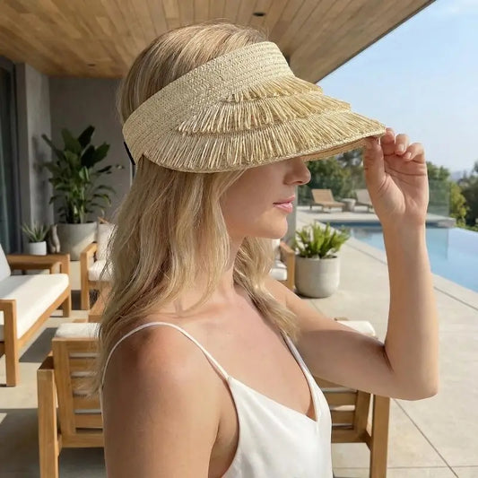 Women's Wide Brim Straw Sun Hat – Fringe Beach Visor Wide Brim Sun Hat Oasis Select