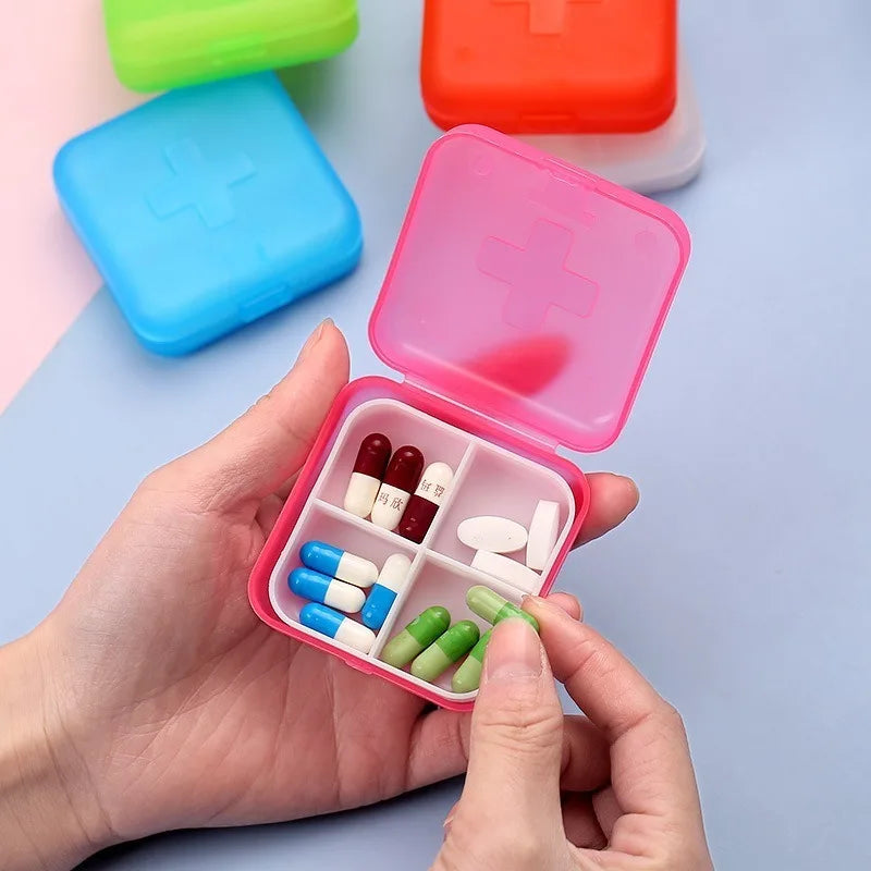 4Grids Cross Print Pill Box Portable Mini Plastic Pill Storage Pure Color Pocket Medicine Box Outdoor Home Pill Case Peaceful Pleasures Health and Wellness