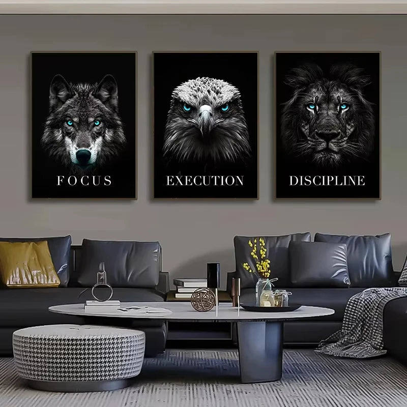 Black Eagle Lion Wolf Canvas Wall Art | Animal Poster Print