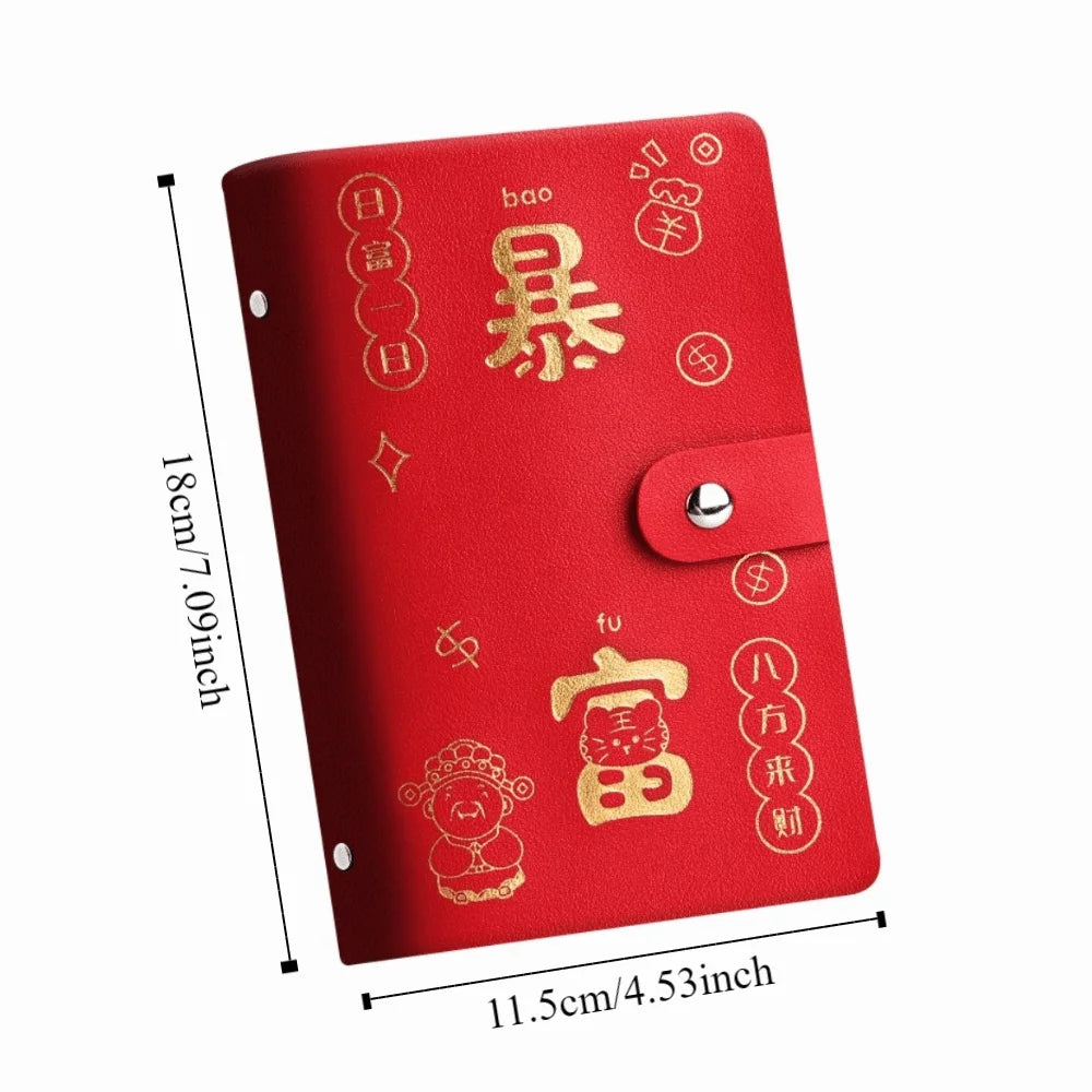 Chinese New Year Money Savings Challenge Binder PU Leather Storage Envelop Savings Challenges Book God of Wealth Style Peaceful Pleasures Health and Wellness