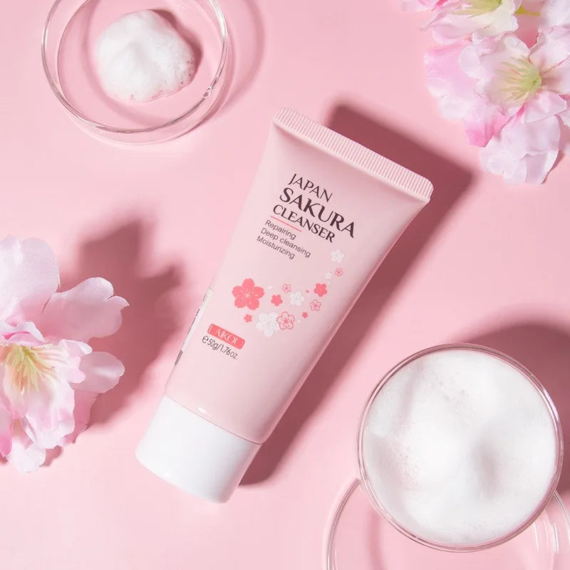 Sakura Cleanser Rich Foam Deep Clean Remove Grease Improve Oily Face Wash Cream Gentle Moisturizing Remove Blackhead Cleanser Peaceful Pleasures Health and Wellness