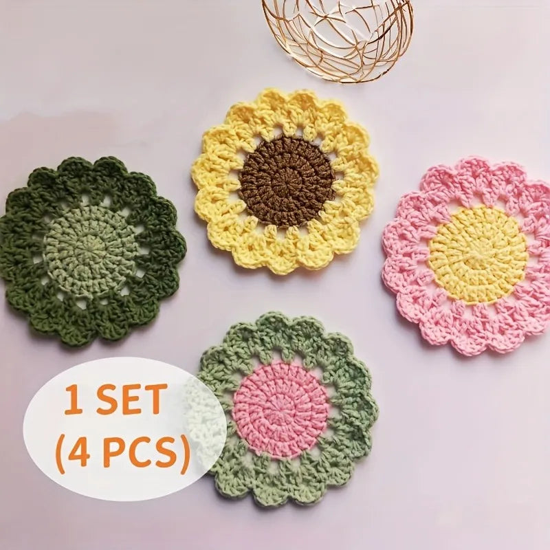 4-Pack Handmade Flower Crochet Coasters | Pink Felt Cup Mats