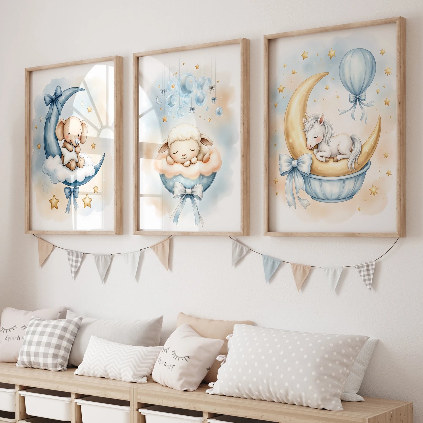 Cartoon Blue Unicorn Elephant Canvas Wall Art – Kids Room Decor
