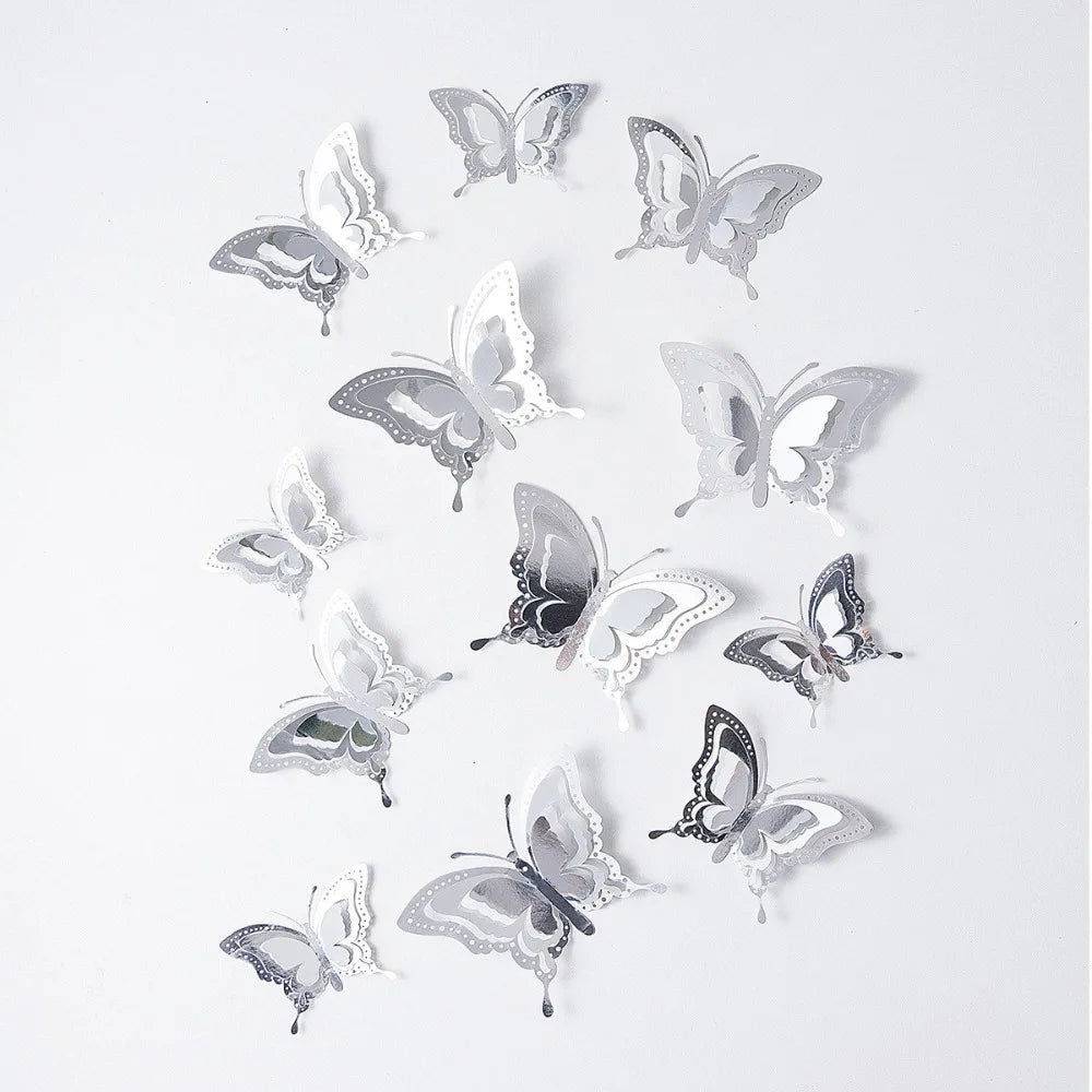 12pcs New 3D Butterfly Wall Stickers Self Adhesive Hollow Butterfly Butterfly Wallpaper DIY Decal Festival Decoration Peaceful Pleasures Health and Wellness C-Silver