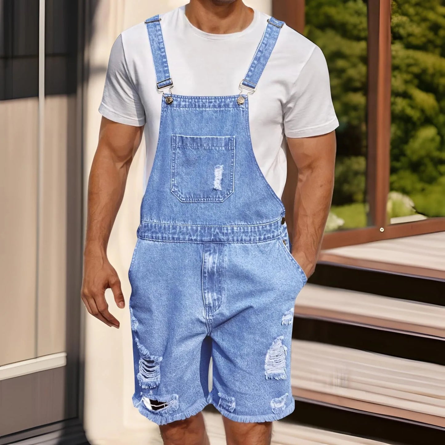 Men's Vintage Denim Bib Overalls – Elastic Suspender Short Jumpsuit
