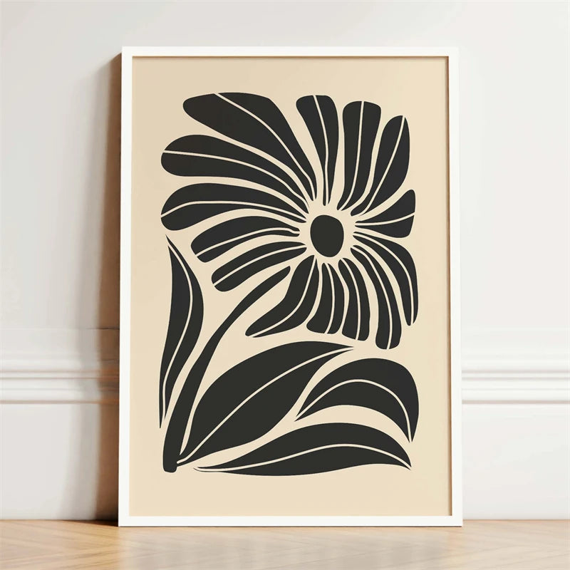 Black and Beige Dark Boho Flower Poster Abstract Mid Century Modern Botanical Canvas Painting Wall Art Picture for Home Decor Peaceful Pleasures Health and Wellness F0127-6 55x75cm