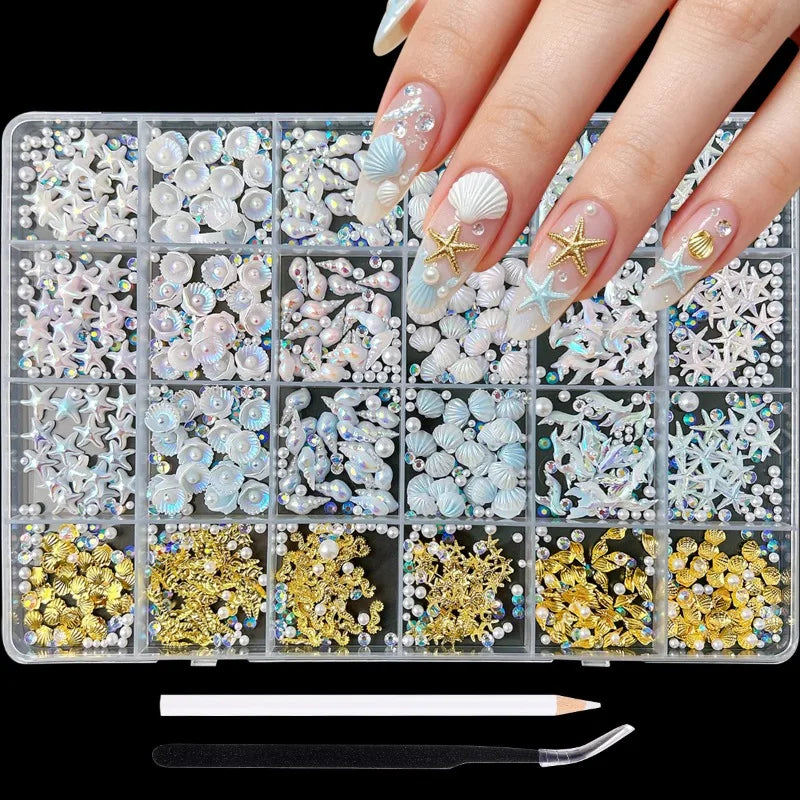 24-Grid Ocean Nail Charms Set – Shell, Starfish & Rhinestones