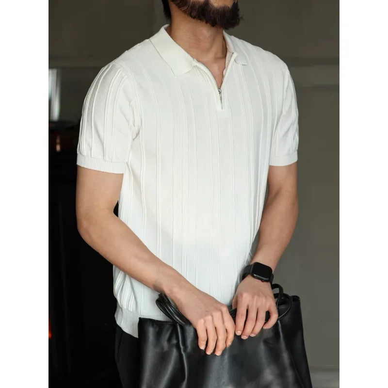 Men's Ice Silk Zipper Polo Shirt | Slim Fit Short Sleeve