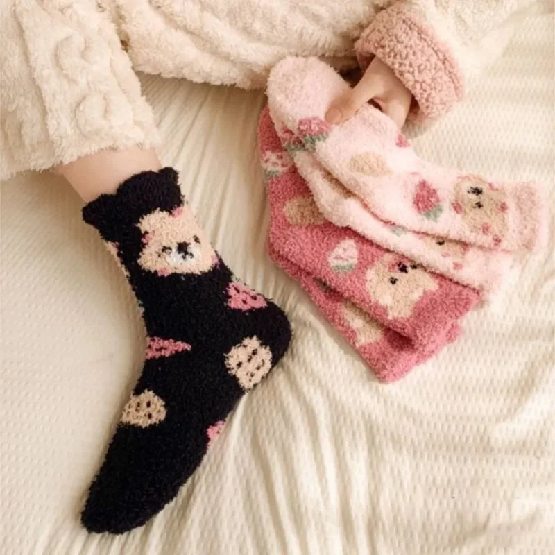 New Fashion Coral Fleece Women Socks Warm Home Floor Socks Strawberry Bear Socks Mid Tube Sleep Socks Plush Socks Added Fleece Peaceful Pleasures Health and Wellness