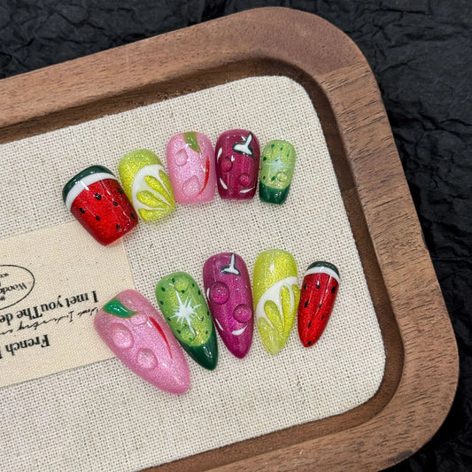 10pcs Handmade Fruit Press on Nails Summer Watermelon and Lemon Fake Nails Wearable Cat Eye Cute False Nail Tips for Girls Peaceful Pleasures Health and Wellness