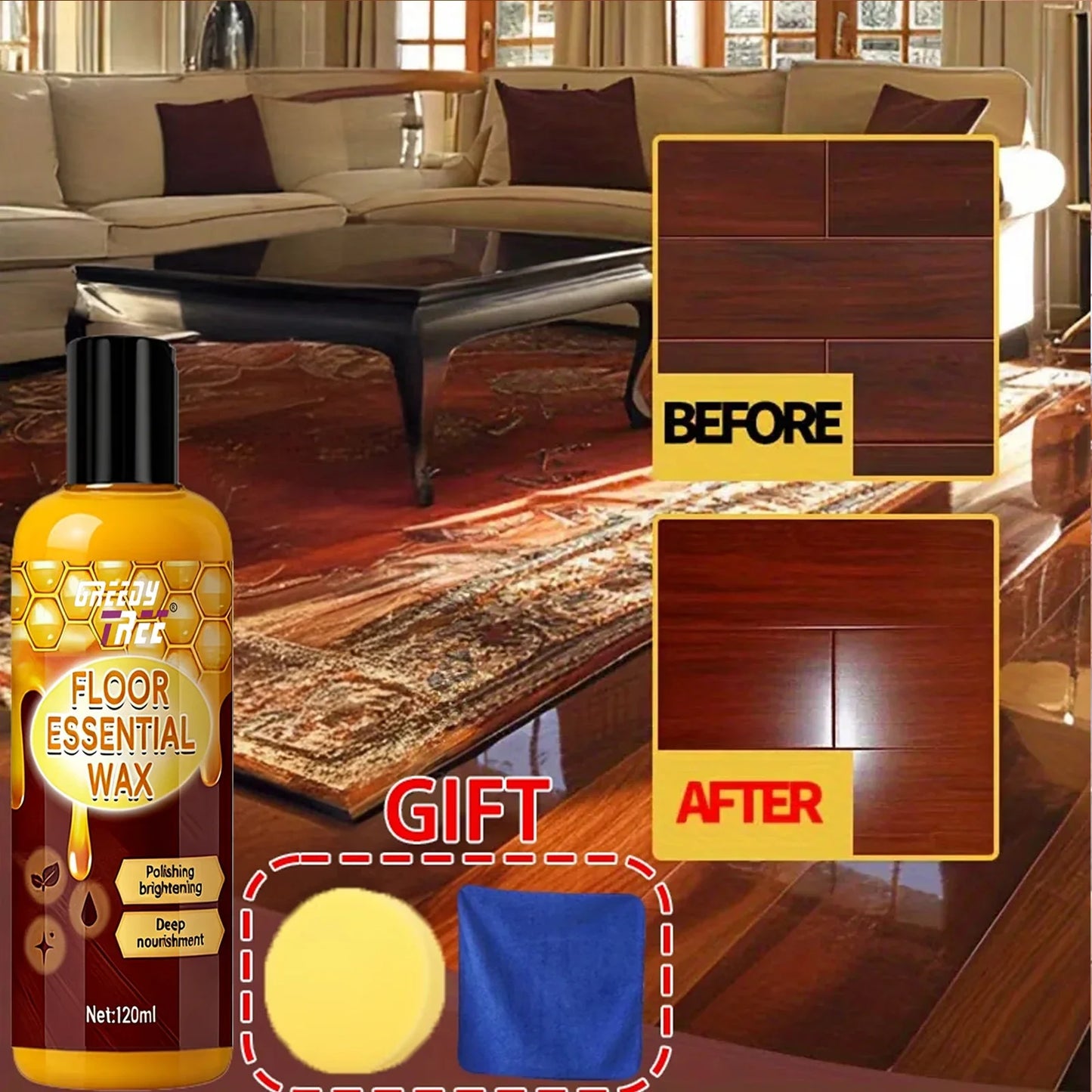 120ml Floor Wax Polish Kit with Sponge & Towel – Wood & Tile
