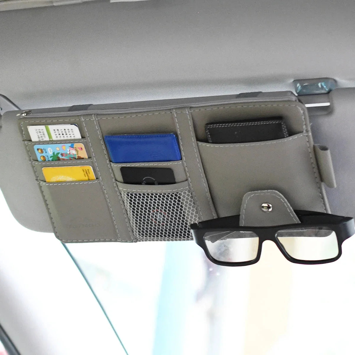 PU Leather Car Sun Visor Organizer – Multi-Pocket Holder