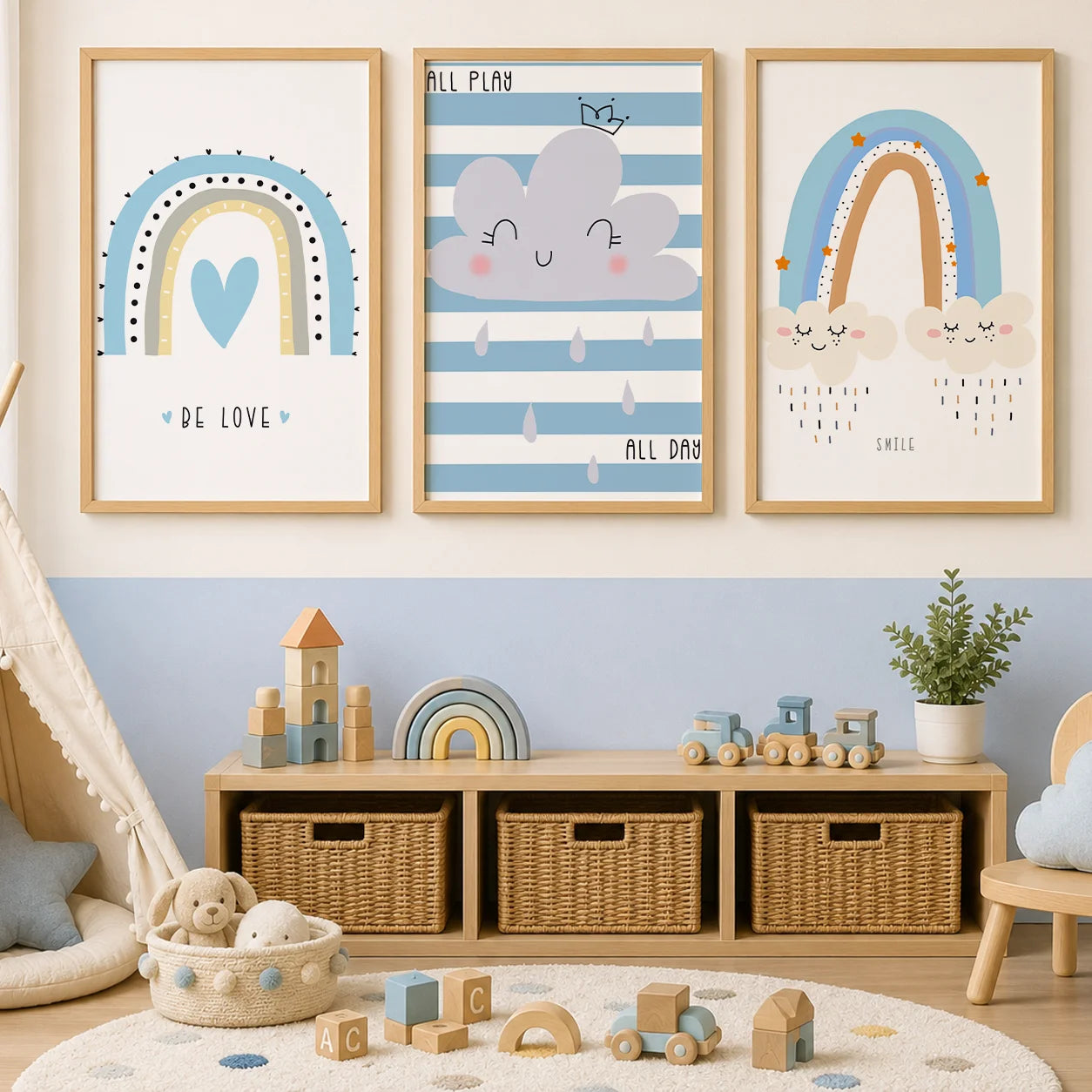Nursery Quotes Wall Art, Rainbow Moon Cloud Canvas Painting, Nordic Posters Prints for Baby Boy Girl Kids Bedroom Decor Peaceful Pleasures Health and Wellness