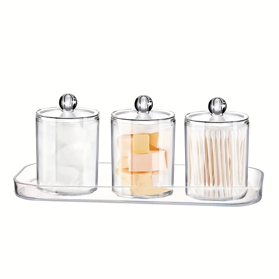 Clear Apothecary Qtip & Cotton Ball Holder with Vanity Tray – 10 oz Bathroom Organizer