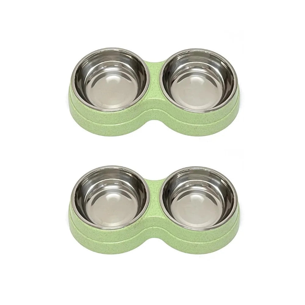 Colorful Wheat Straw Base Stainless Steel Pet Tableware Healthy Safe Double Bowl Feeding Set Liner Cat Dog Drinking Feeding Bowl Peaceful Pleasures Health and Wellness 2pcs Green