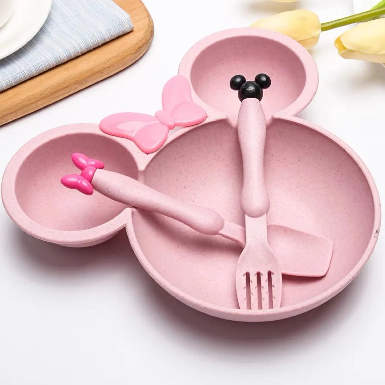 3Pcs Set Lovely Mickey Cartoon Baby Tableware Set Wheat Straw Kids Anti Drop Dinner Plate Bowl Spoon Fork for Baby Girl and Boy Peaceful Pleasures Health and Wellness
