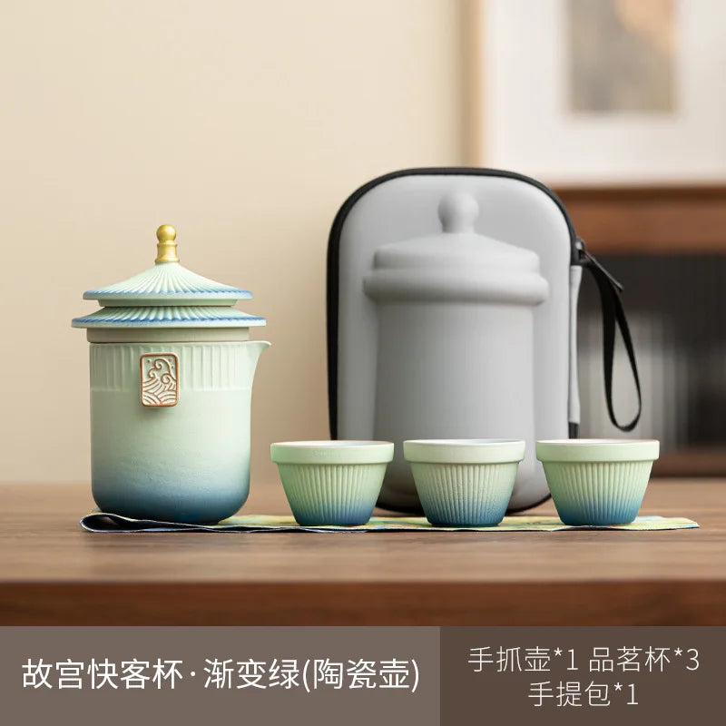 Palace Museum Ceramic Travel Tea Set | Chinese Style Ceramic Tea Set Peaceful Pleasures Health and Wellness light green Five-piece Set