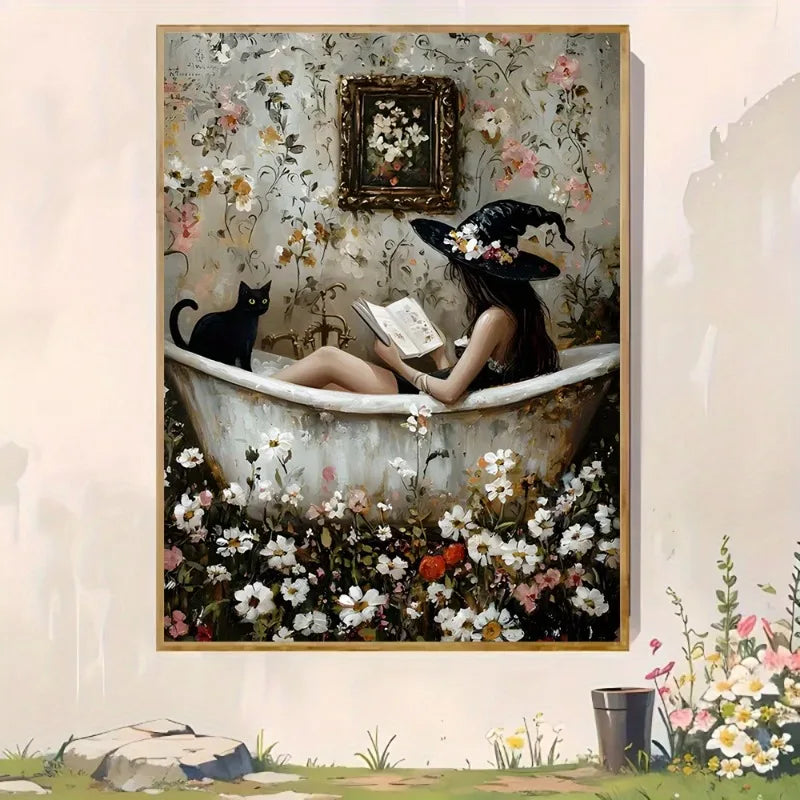 Witch Reading in Bubble Bath with Black Cat Poster,Gothic Art Print,Witch and Black Cat Bathing in Flowers,Abstract Wall Art Peaceful Pleasures Health and Wellness
