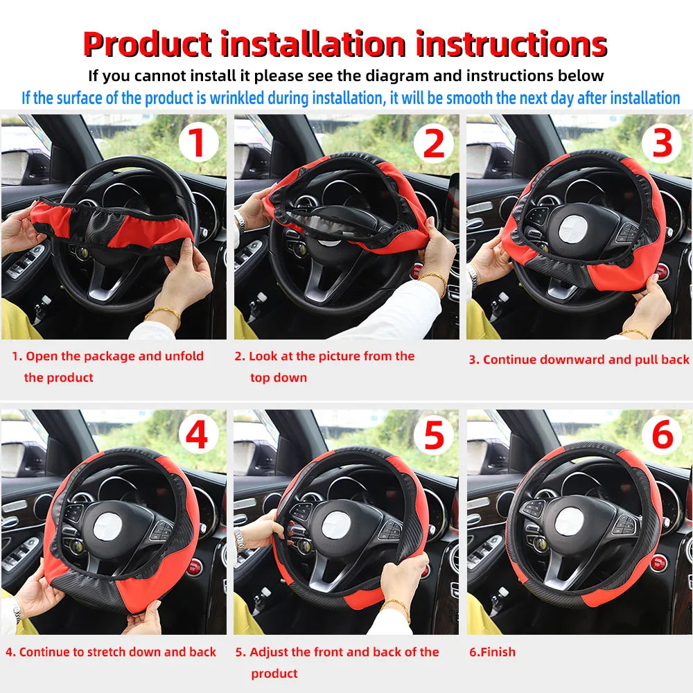 PU Carbon Fiber Steering Wheel Cover | 14.5–15 Inch Fit