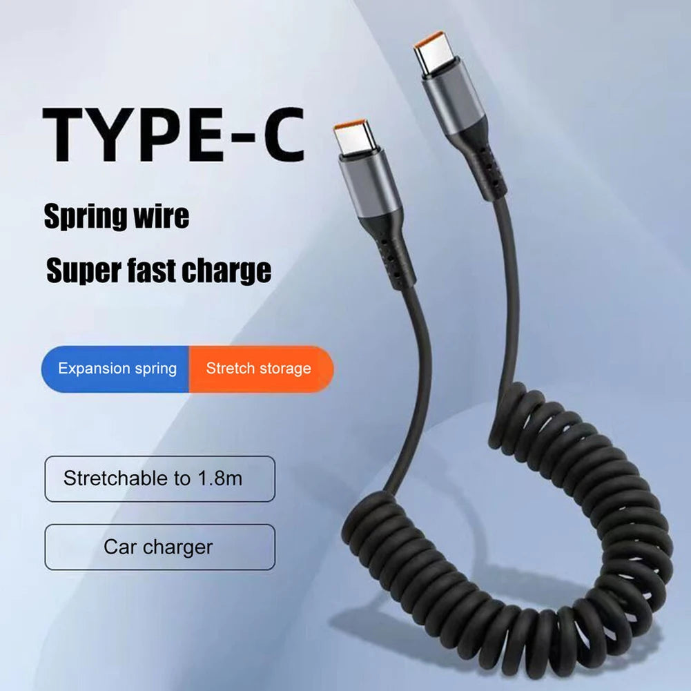 100W USB-C Coiled Fast Charging Cable – Retractable 6A Spring Peaceful Pleasures Health and Wellness