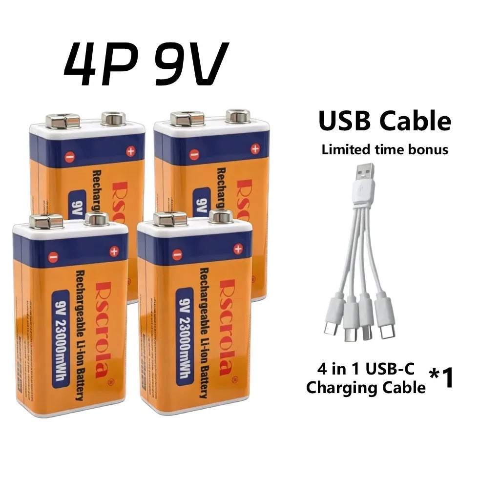 Rscrola 9V USB-C Rechargeable Battery 23600mWh Li-ion Constant Voltage for Guitar Pedal Smoke Detector Multimeter, Long Life Wit Peaceful Pleasures Health and Wellness 4 PCS Batteries 9v