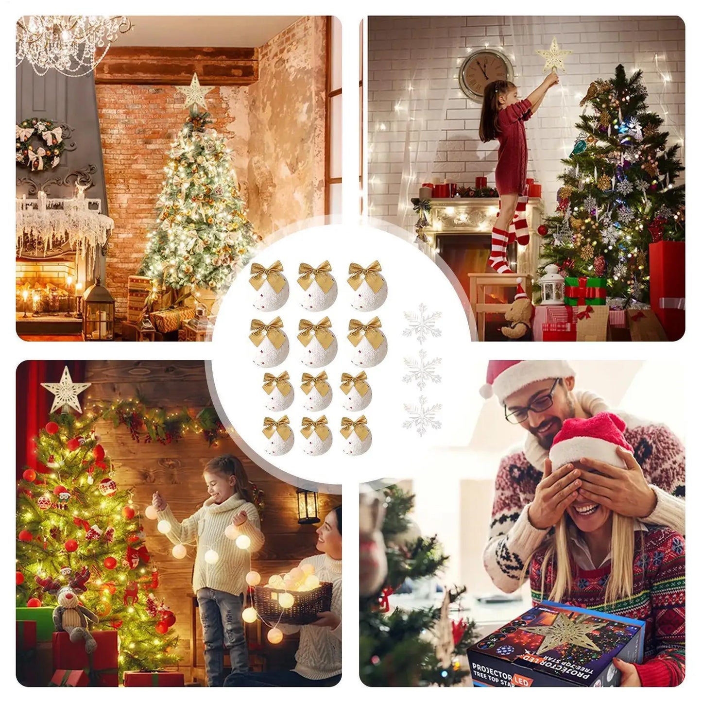 15-Piece Shatterproof Christmas Ornament Balls with Bow & Snowflake