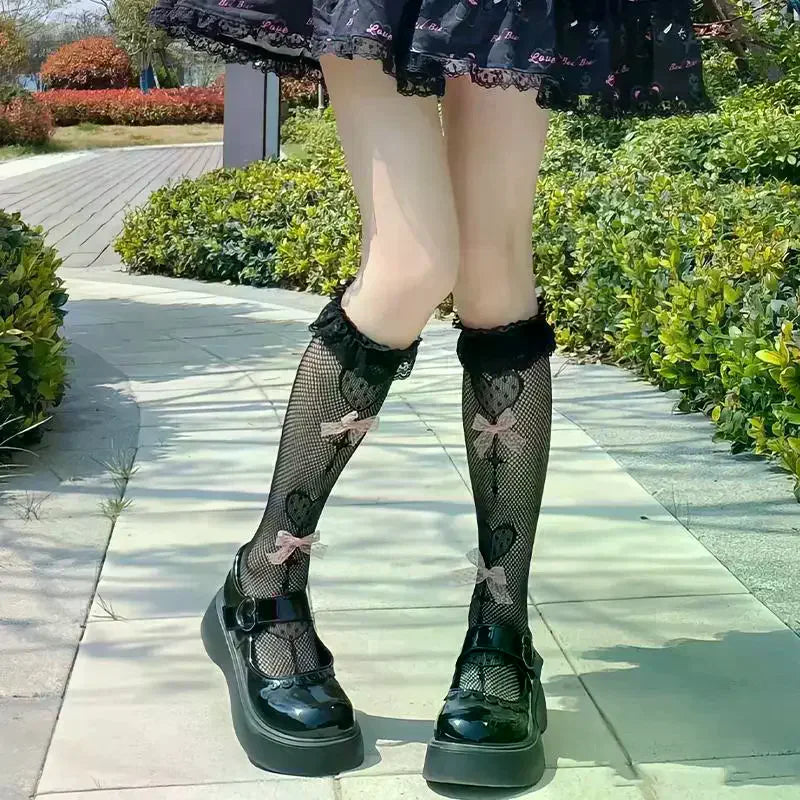 Lolita Lace Bow Tie Fishnet Mid-Calf Socks | JK Style