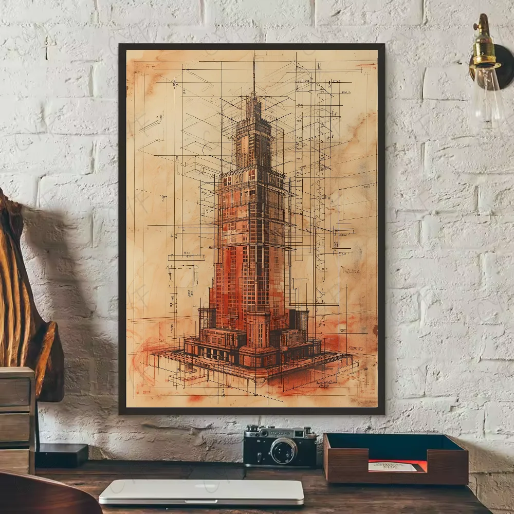 Vintage Architecture Drawings Wall Poster | Waterproof PVC Art Wall Art Poster Peaceful Pleasures Health and Wellness z7 50X70cmNoframe