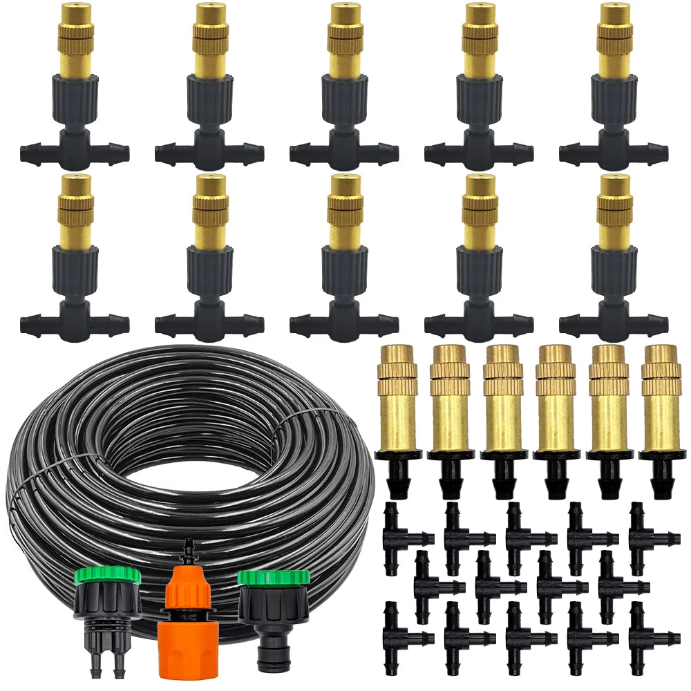 5M-30M Garden Brass Misting Cooling System Irrigation Watering 1/4'' Atomizer Nozzles 4/7mm Hose for Outdoor Greenhouse Pot Peaceful Pleasures Health and Wellness