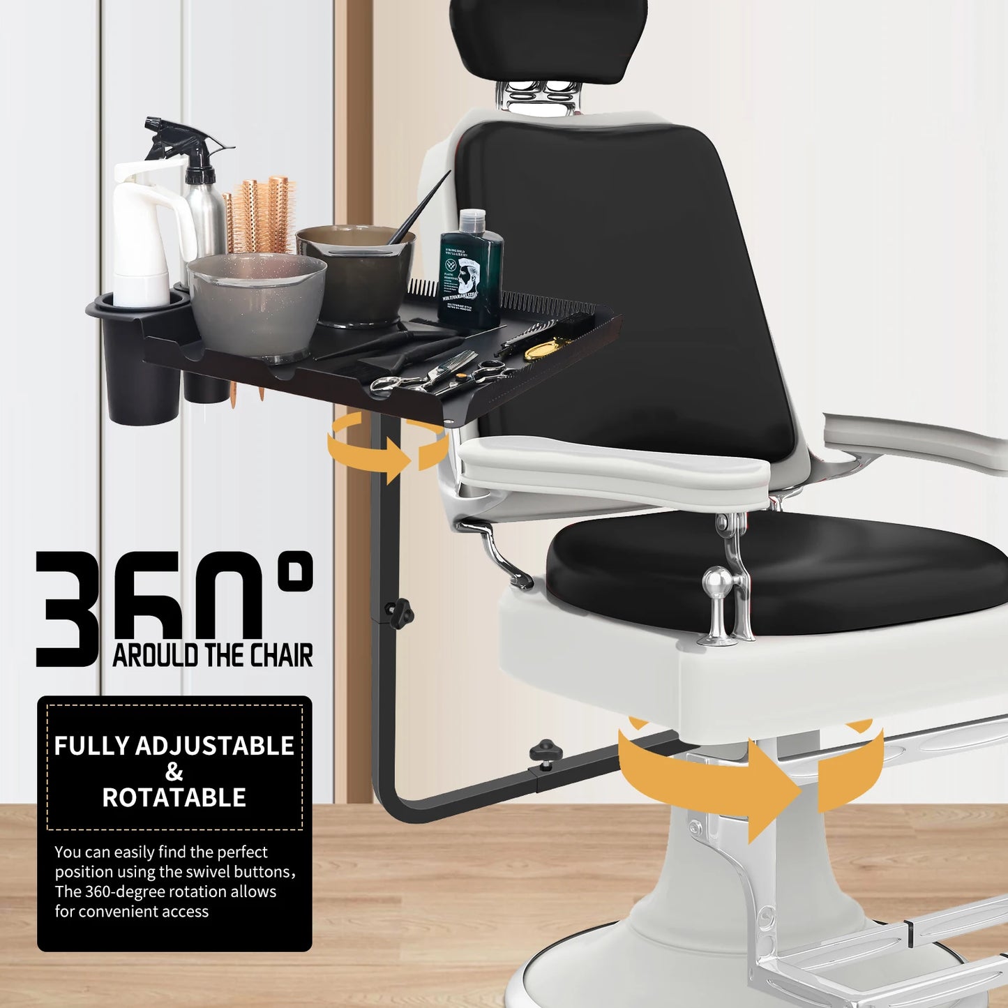 Barber Tray Cart Aluminum Tray Hairstylist Lnstalled On Chair Adjustable- Height 360-Degree Rotating Tray for Salon Spa Tattoo Peaceful Pleasures Health and Wellness