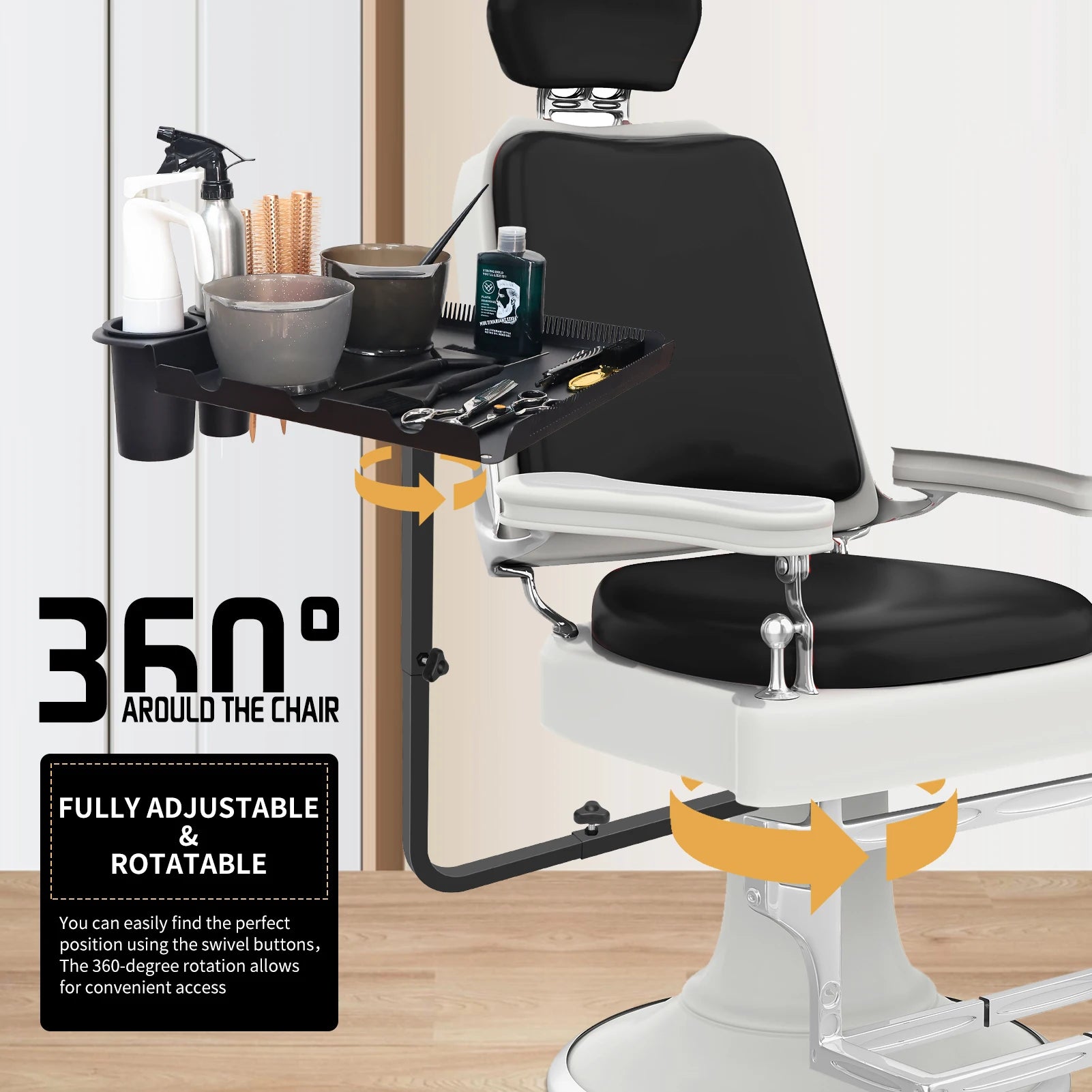 Barber Tray Cart Aluminum Tray Hairstylist Lnstalled On Chair Adjustable- Height 360-Degree Rotating Tray for Salon Spa Tattoo Peaceful Pleasures Health and Wellness