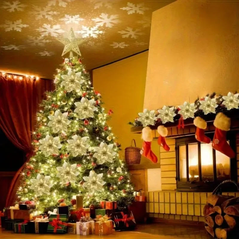Glitter Artificial Christmas Flowers with Clips – Xmas Tree Decor