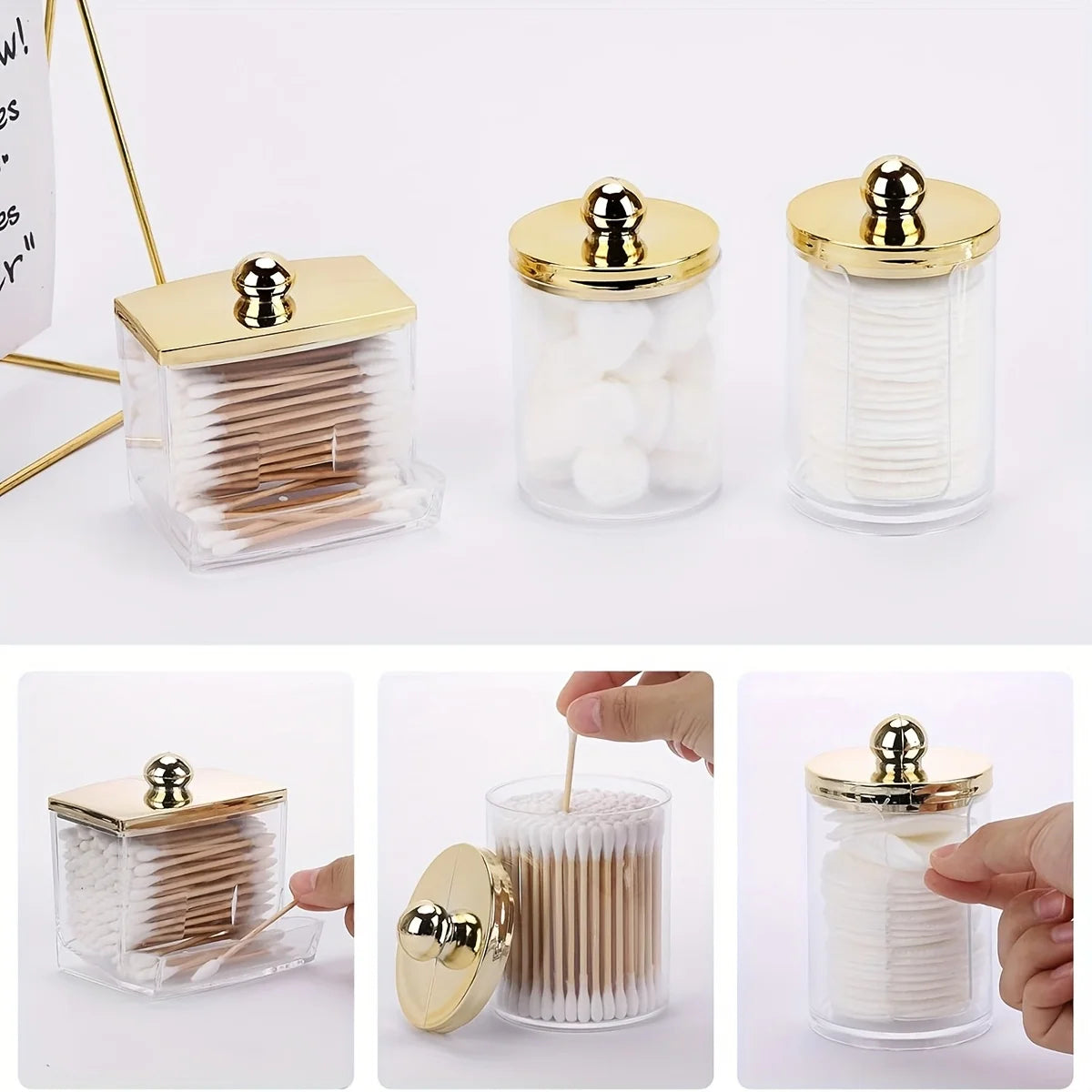Apothecary Qtip Holder & Cotton Ball Dispenser with Gold Lid