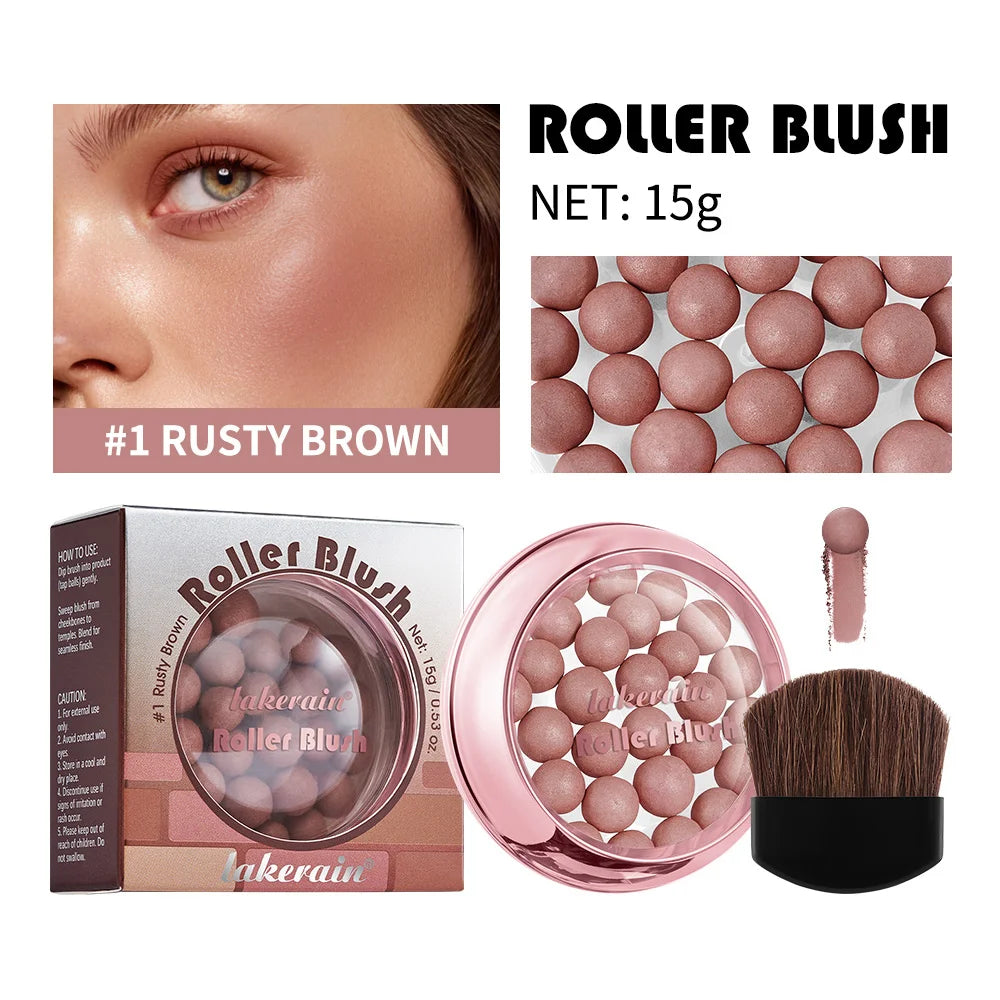 Spherical Roller Blush With Brush Natural Makeup Long Lasting Pearlescent Cosmetics For Women Face Contour Blusher Peaceful Pleasures Health and Wellness 1Rusty Brown