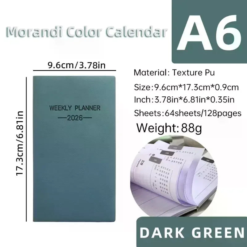 A6 2026 Daily Planner – Morandi Leather Weekly Calendar Book