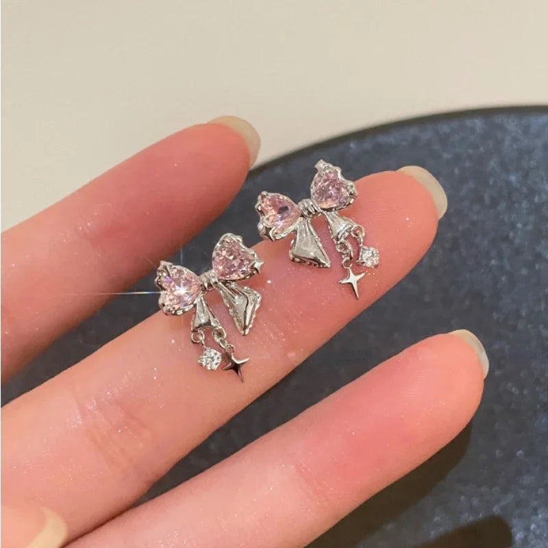 Japanese Korean Style Sweet Bow Zircon Earrings Women Niche Design Premium Jewelry Fashion Temperament Trendy Accessories Gift Peaceful Pleasures Health and Wellness Pink