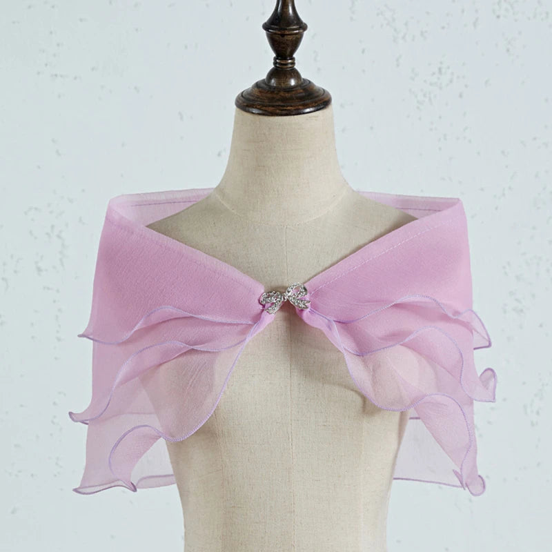 Women Vintage Layered Gauze Shawl Wrap Shrug Rhinestone Buckle Front Wedding Dress Cover Up Sexy Off Shoulder Ruffles Bolero New Peaceful Pleasures Health and Wellness Purple One Size