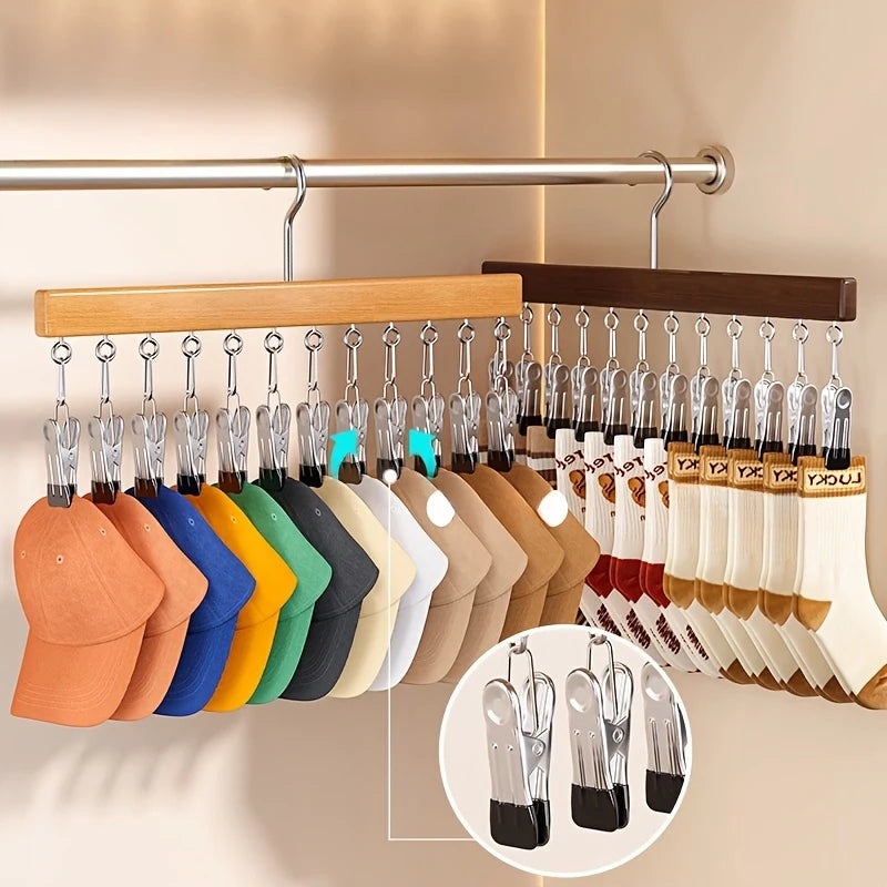 12-Clip Wooden Hat Organizer | Closet Hanger for Caps & Towels