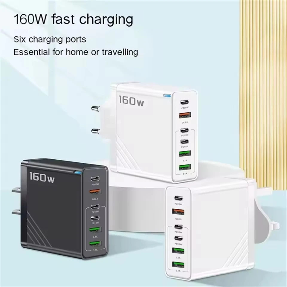 160W 6-Port USB-C PD & QC3.0 Fast Wall Charger | EU US UK