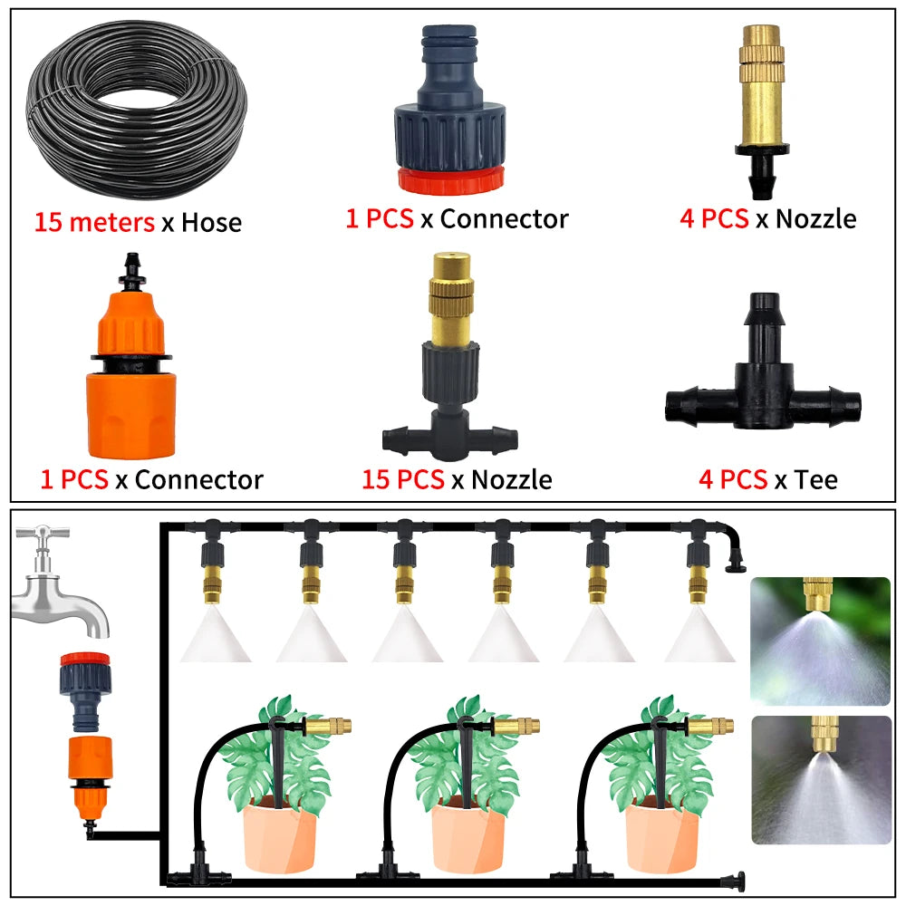 5M-30M Garden Brass Misting Cooling System Irrigation Watering 1/4'' Atomizer Nozzles 4/7mm Hose for Outdoor Greenhouse Pot Peaceful Pleasures Health and Wellness 15M