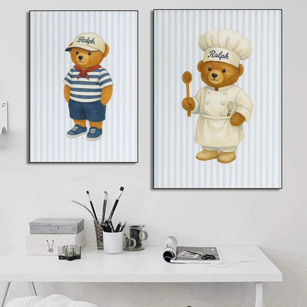 Skating Teddy Bear Playing Guitar Reading Blue Striped Poster Canvas Painting Print Wall Art Picture for Living Room Home Decor Peaceful Pleasures Health and Wellness